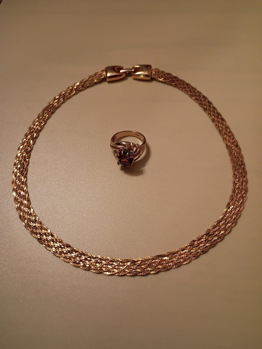 Vtg Rare Napier Sparkling Woven GTone Necklace & Gemstone Ring V.Good Cond Nice!